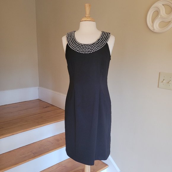 Black Sleeveless Cocktail Sheath Dress With Metal Stud Neck Detail, By Connected - Picture 2 of 9
